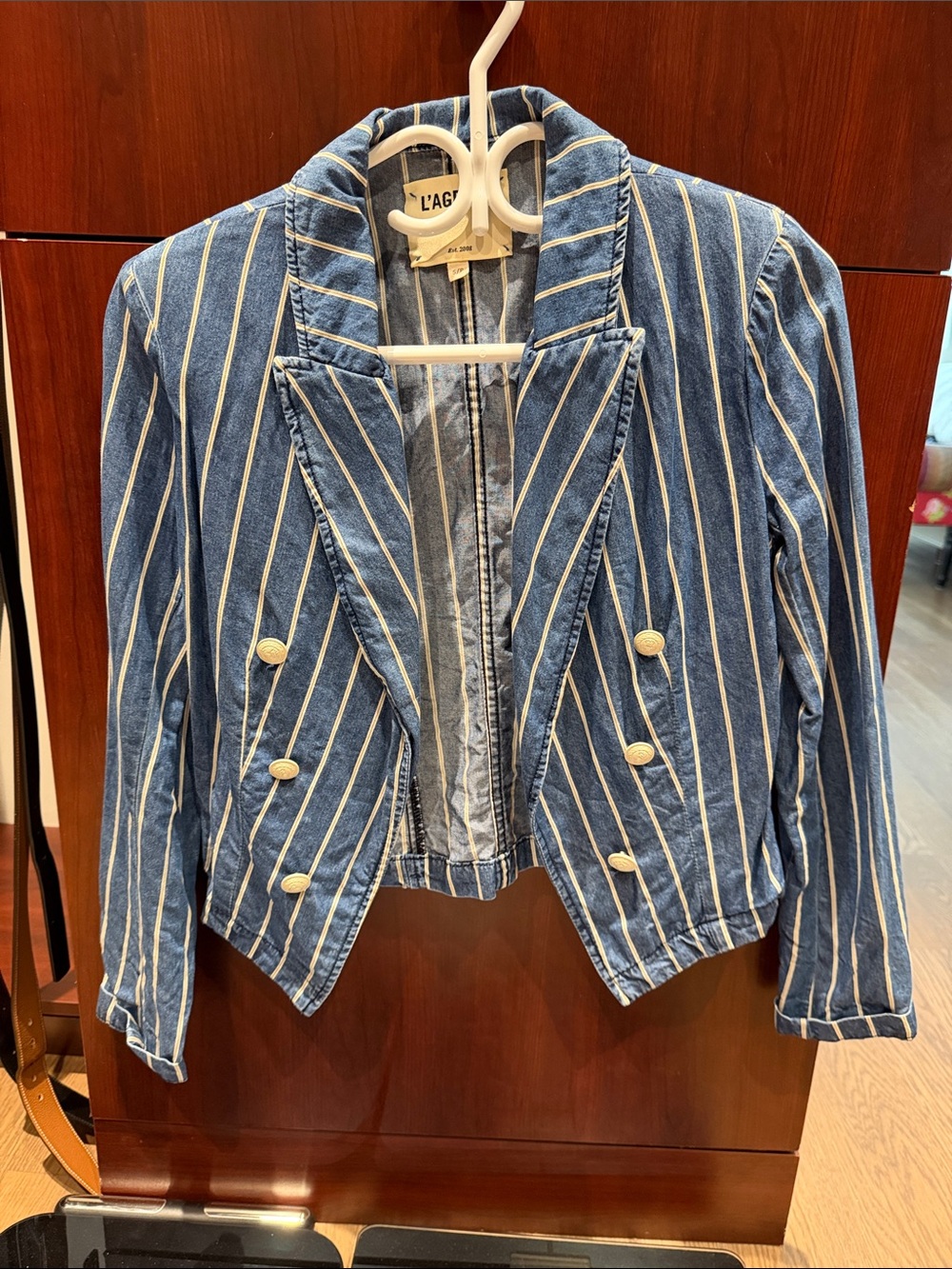 L'AGENCE Blue and White Striped Denim Blazer
